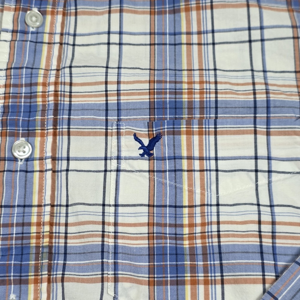American Eagle Mens Large Plaid Button Down Shirt Long Sleeve Blue Orange L AEO - Picture 2 of 9